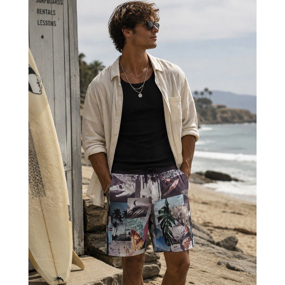 American Eagle Board Shorts Mens L Multicolor Surf Collage Photo Print Trunks